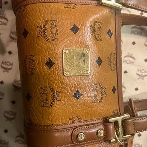 MCM Cognac Leather Satchel with Gold Details